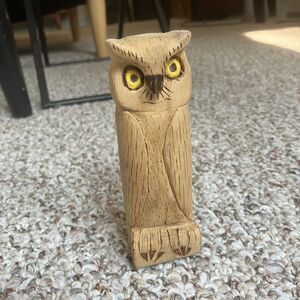 Hand Carved Wooden Owl Statue NT 2016 Perched Bird Artwork 5" Tall